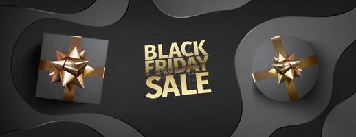 Black friday banner with black giftbox decorated with golden ribbon on black background. vector