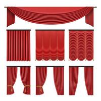 Red curtains set in classic style isolated on white background. Realistic 3d Luxury vector illustration.