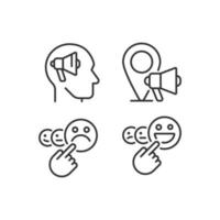 Promotion and feedback pixel perfect linear icons set. Neuromarketing. Local marketing. Client satisfaction. Customizable thin line symbols. Isolated vector outline illustrations. Editable stroke