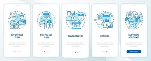 Account types for college savings blue onboarding mobile app screen. Walkthrough 5 steps editable graphic instructions with linear concepts. UI, UX, GUI template. vector