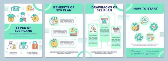 College savings plan green brochure template. Education. Leaflet design with linear icons. Editable 4 vector layouts for presentation, annual reports.