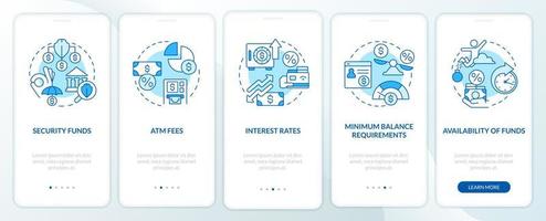 Choosing credit union blue onboarding mobile app screen. Banking walkthrough 5 steps editable graphic instructions with linear concepts. UI, UX, GUI template. vector