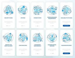 Choosing credit union and bank blue onboarding mobile app screen set. Walkthrough 5 steps editable graphic instructions with linear concepts. UI, UX, GUI template. vector