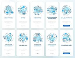 Choosing credit union and bank blue onboarding mobile app screen set. Walkthrough 5 steps editable graphic instructions with linear concepts. UI, UX, GUI template. vector