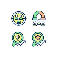 Audience research and analysis pixel perfect RGB color icons set. Customer segmentation. Voice search. Isolated vector illustrations. Simple filled line drawings collection. Editable stroke