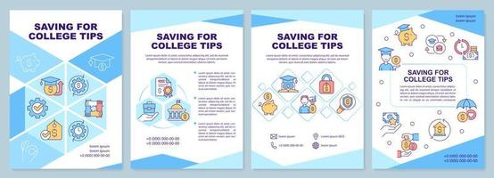 Saving for college tips blue brochure template. Budget. Leaflet design with linear icons. Editable 4 vector layouts for presentation, annual reports.
