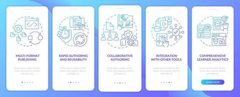 LCMS characteristics blue gradient onboarding mobile app screen. Analytics walkthrough 5 steps graphic instructions with linear concepts. UI, UX, GUI template. vector