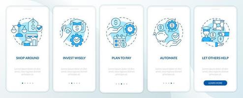 Saving for college tips blue onboarding mobile app screen. Funds walkthrough 5 steps editable graphic instructions with linear concepts. UI, UX, GUI template. vector