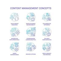Content management blue gradient concept icons set. LMS, CMS functionalities idea thin line color illustrations. Social media. Ecommerce. Isolated symbols. vector