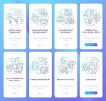 LMS and CMS functionalities blue gradient onboarding mobile app screen set. Walkthrough 4 steps graphic instructions with linear concepts. UI, UX, GUI template. vector