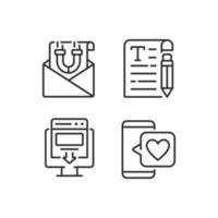 Create content for attract customers pixel perfect linear icons set. Email marketing. Copywriting. Landing page. Customizable thin line symbols. Isolated vector outline illustrations. Editable stroke