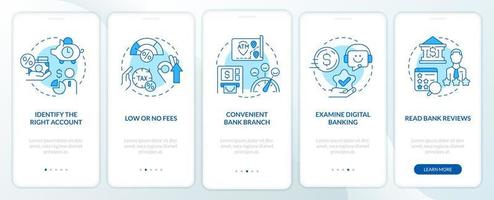 Choose bank blue onboarding mobile app screen. Customer benefits walkthrough 5 steps editable graphic instructions with linear concepts. UI, UX, GUI template. vector