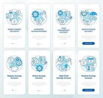 Saving accounts types blue onboarding mobile app screen set. Money walkthrough 4 steps editable graphic instructions with linear concepts. UI, UX, GUI template. vector