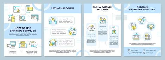 productos de la plantilla de folleto azul del banco. servicios financieros. diseño de folletos con iconos lineales. 4 diseños vectoriales editables para presentación, informes anuales. vector