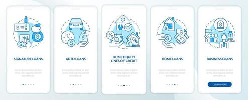 Loans types blue onboarding mobile app screen. Banking service walkthrough 5 steps editable graphic instructions with linear concepts. UI, UX, GUI template. vector