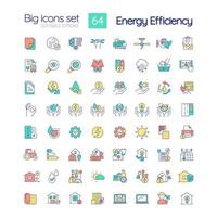 Energy efficiency RGB color icons set. Power conservation. Sustainability. Isolated vector illustrations. Simple filled line drawings collection. Editable stroke.
