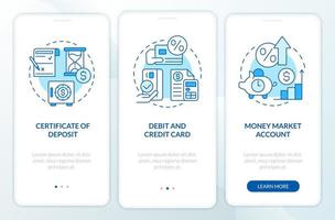 Banking products blue onboarding mobile app screen. Finance walkthrough 3 steps editable graphic instructions with linear concepts. UI, UX, GUI template. vector