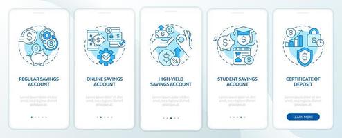 Types of saving accounts blue onboarding mobile app screen. Banking walkthrough 5 steps editable graphic instructions with linear concepts. UI, UX, GUI template. vector