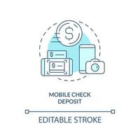 Mobile check deposit turquoise concept icon. Online access to savings. Digitization abstract idea thin line illustration. Isolated outline drawing. Editable stroke. vector