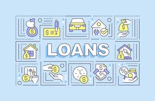 Loans word concepts blue banner. Banking products for customers. Infographics with editable icons on color background. Isolated typography. Vector illustration with text.