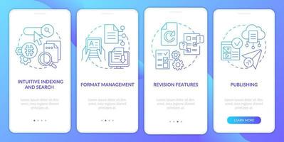 Key CMS characteristics blue gradient onboarding mobile app screen. Walkthrough 4 steps graphic instructions with linear concepts. UI, UX, GUI template. vector