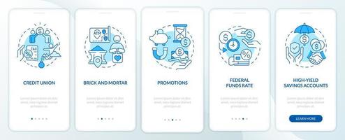 Savings accounts blue onboarding mobile app screen. Banking service walkthrough 5 steps editable graphic instructions with linear concepts. UI, UX, GUI template. vector