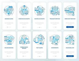 conjunto de pantalla de aplicación móvil de incorporación de banco de negocios y digitalización azul. tutorial 5 pasos instrucciones gráficas editables con conceptos lineales. interfaz de usuario, ux, plantilla de interfaz gráfica de usuario. vector