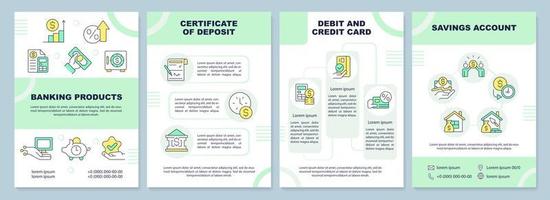 Banking products green brochure template. Offers for customers. Leaflet design with linear icons. Editable 4 vector layouts for presentation, annual reports.