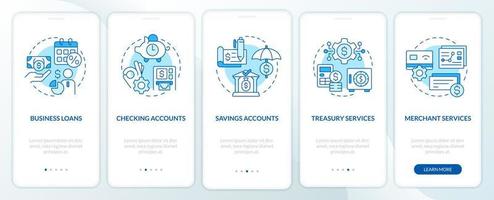 Business banking blue onboarding mobile app screen. Commerce walkthrough 5 steps editable graphic instructions with linear concepts. UI, UX, GUI template. vector