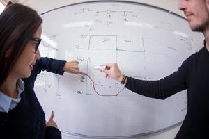 students writing on the white chalkboard photo