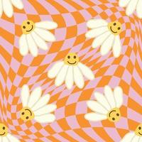 Retro Smile Chamomile Seamless Pattern on 1970 Wavy Swirl Seamless Pattern. Hippie Aesthetic. vector