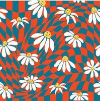 Groovy daisy retro seamless pattern. Retro Smile Chamomile Pattern on 1970 Hippie Aesthetic. vector