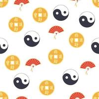 Chinese seamless pattern with feng shui chinese coin with hole, yin-yang, fan, paper lantern vector