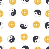 patrón chino sin costuras con moneda china feng shui con agujero, símbolo yin yang vector