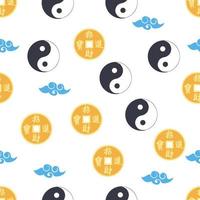 Chinese seamless pattern with feng shui chinese coin with hole, yin yang symbol vector