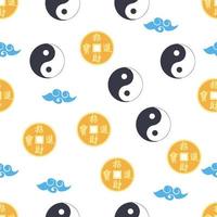 patrón chino sin costuras con moneda china feng shui con agujero, símbolo yin yang vector