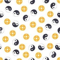 patrón chino sin costuras con moneda china feng shui con agujero, símbolo yin yang vector