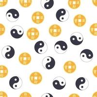 patrón chino sin costuras con moneda china feng shui con agujero, símbolo yin yang vector