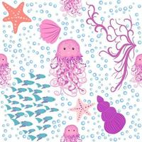 Seamless pattern with detailed transparent jellyfish. Childish seamless pattern with cute hand drawn fishes and jellyfishes in doodle style. Trendy nursery background vector