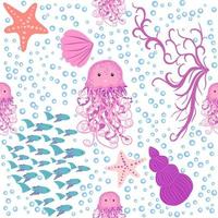 Seamless pattern with detailed transparent jellyfish. Childish seamless pattern with cute hand drawn fishes and jellyfishes in doodle style. Trendy nursery background vector