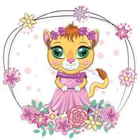 Cartoon lioness in a beautiful dress with bows and flowers. Girl character, wild animal with human traits vector