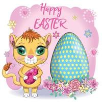 Cartoon lion with Easter egg. Character with beautiful eyes, childish. Easter holiday, greeting card vector
