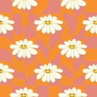 Retro Smile Chamomile Seamless Pattern on 1970 Wavy Swirl Seamless Pattern. Hippie Aesthetic. vector