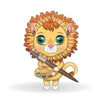 Cartoon lion with a palette of paints and a brush. Character artist, painter vector