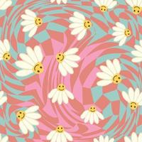 Retro Smile Chamomile Seamless Pattern on 1970 Wavy Swirl Seamless Pattern. Hippie Aesthetic. vector