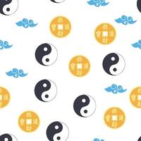 Chinese seamless pattern with feng shui chinese coin with hole, yin yang symbol vector