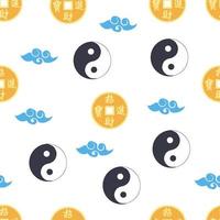 Chinese seamless pattern with feng shui chinese coin with hole, yin yang symbol vector