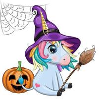 lindo unicornio de dibujos animados con sombrero de bruja púrpura, con calabazas, poción o escoba, personaje de fiesta de halloween vector