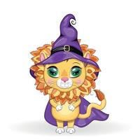 Cute cartoon leo with beautiful eyes, orange in a purple witch's hat and cloak. Halloween 2022. vector