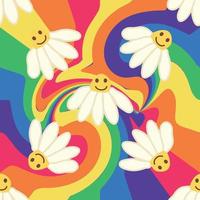 Retro Smile Chamomile Seamless Pattern on 1970 Wavy Swirl Seamless Pattern. Hippie Aesthetic. vector